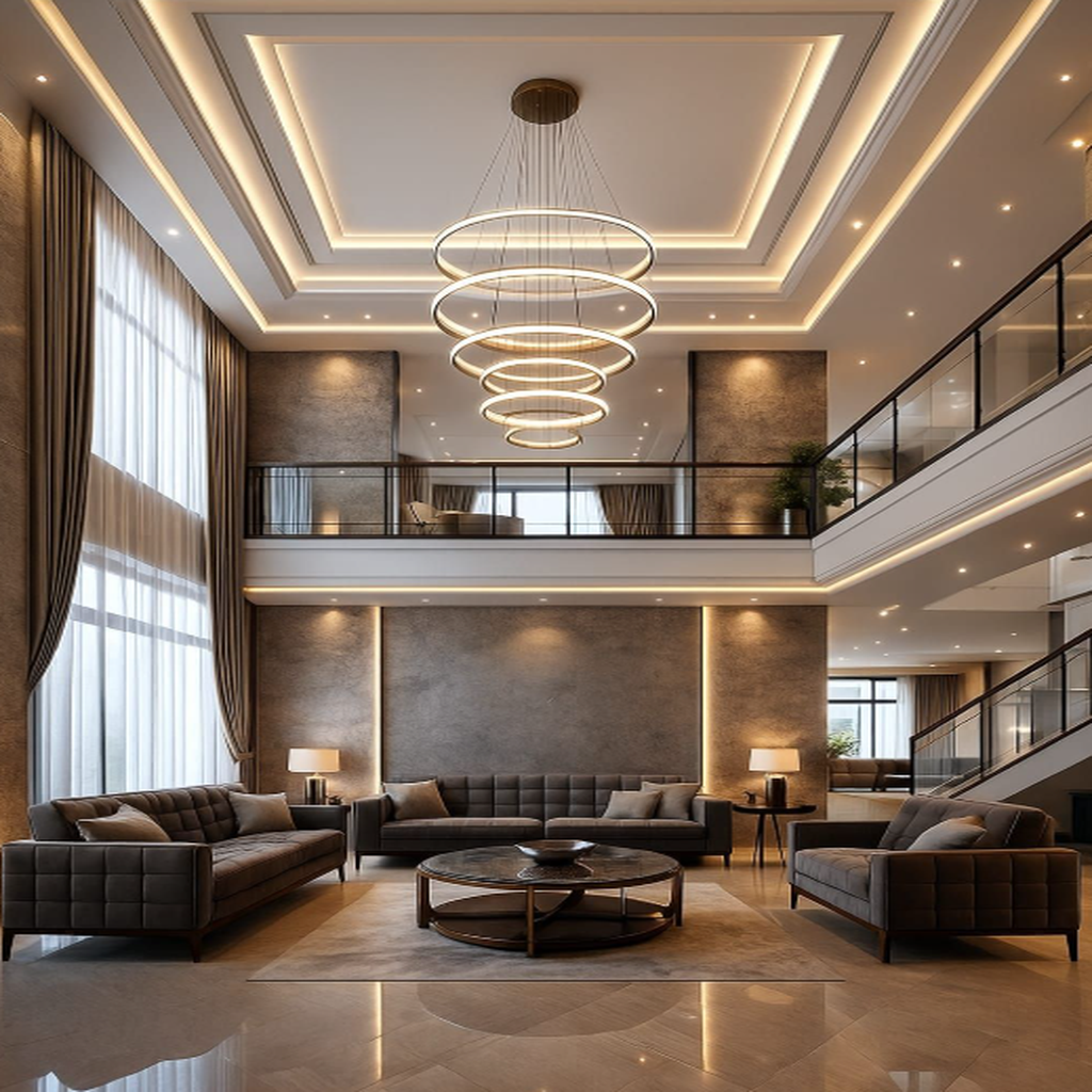 Luxury hotel lobby interior design in Kochi featuring modern chandeliers, double-height ceiling, custom sofas, and warm ambient lighting by Eve Design and Interiors.